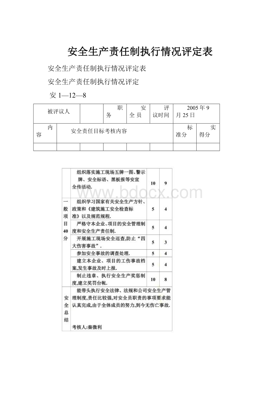 安全生产责任制执行情况评定表.docx_第1页