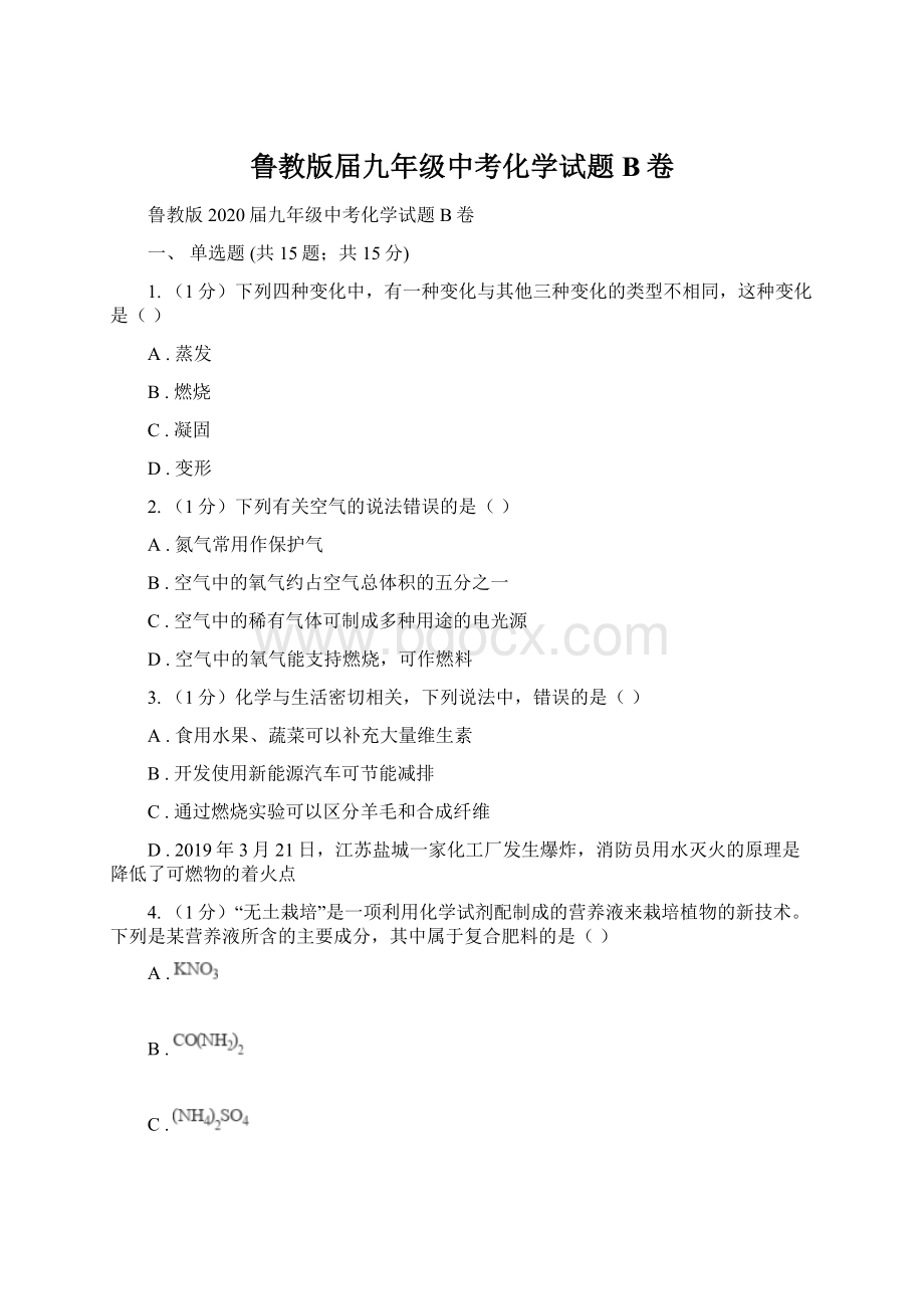 鲁教版届九年级中考化学试题B卷Word下载.docx_第1页