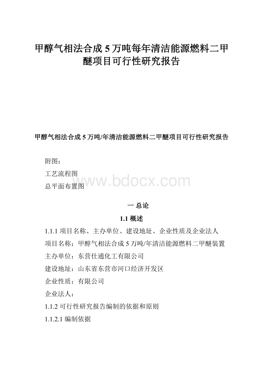 甲醇气相法合成5万吨每年清洁能源燃料二甲醚项目可行性研究报告Word文档下载推荐.docx