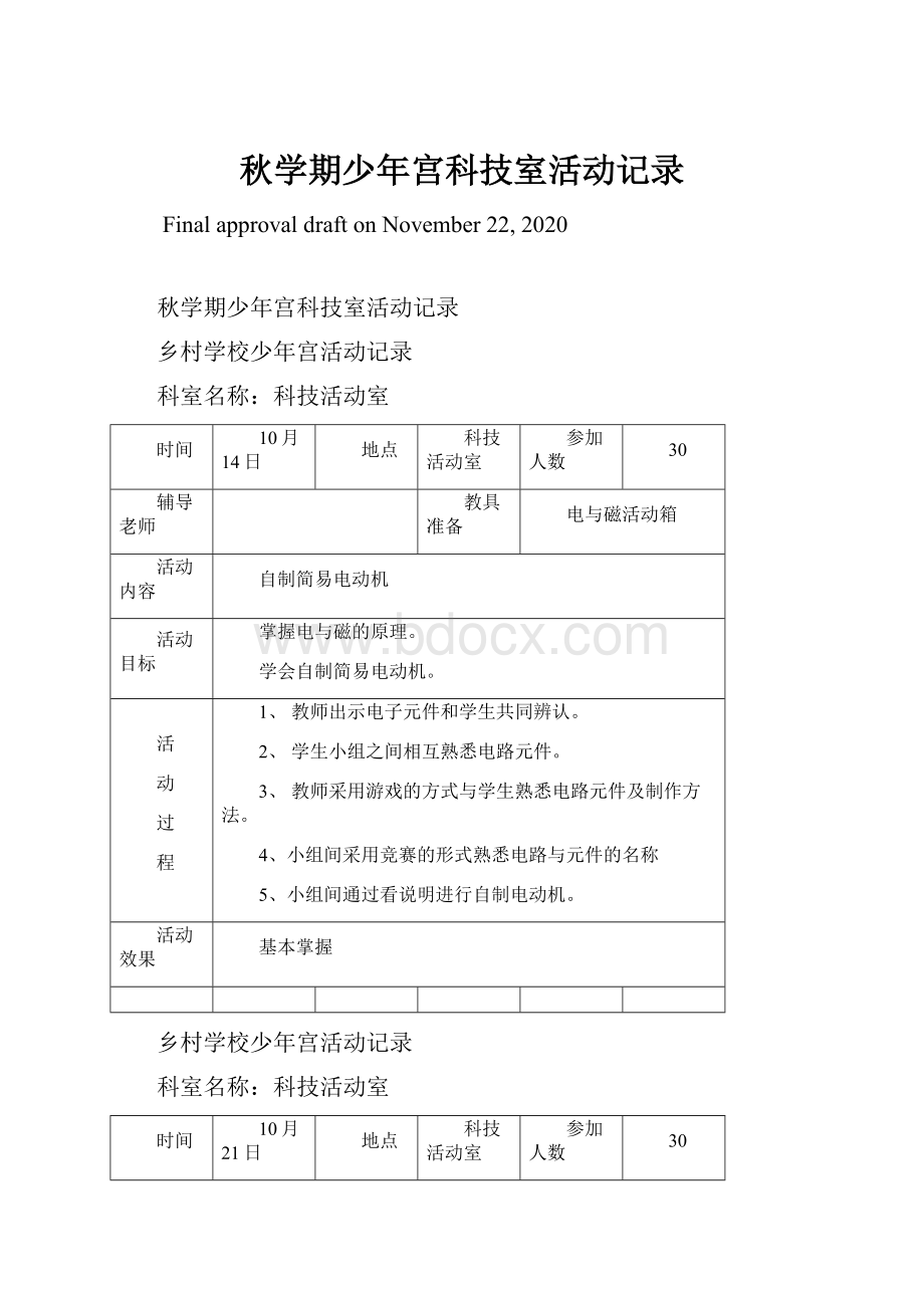 秋学期少年宫科技室活动记录.docx