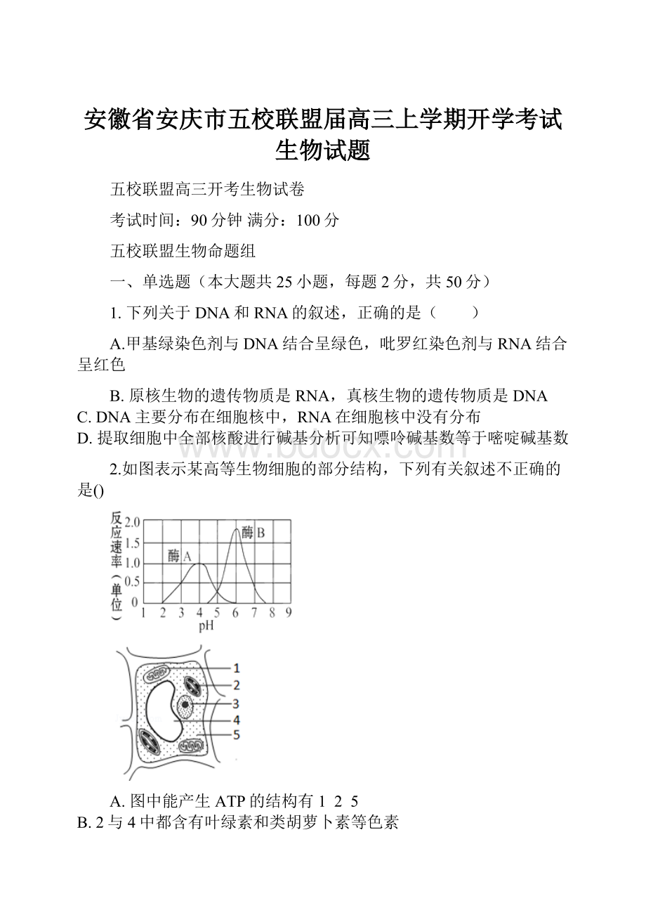 安徽省安庆市五校联盟届高三上学期开学考试生物试题.docx_第1页