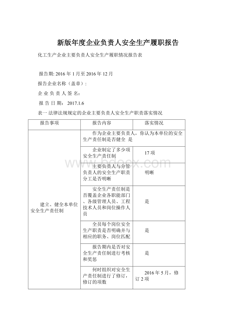 新版年度企业负责人安全生产履职报告Word文档下载推荐.docx_第1页