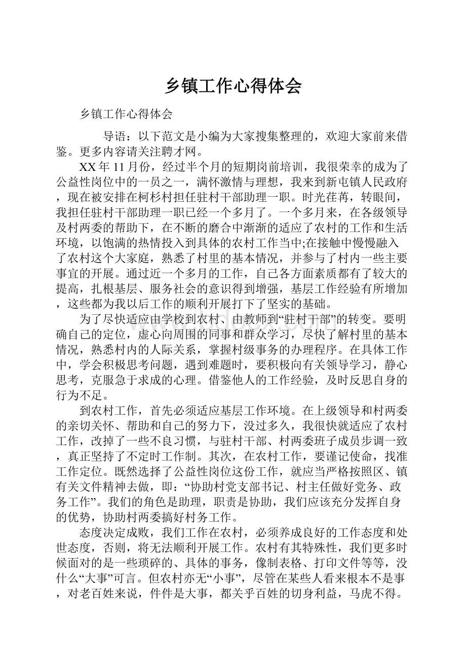 乡镇工作心得体会文档格式.docx_第1页