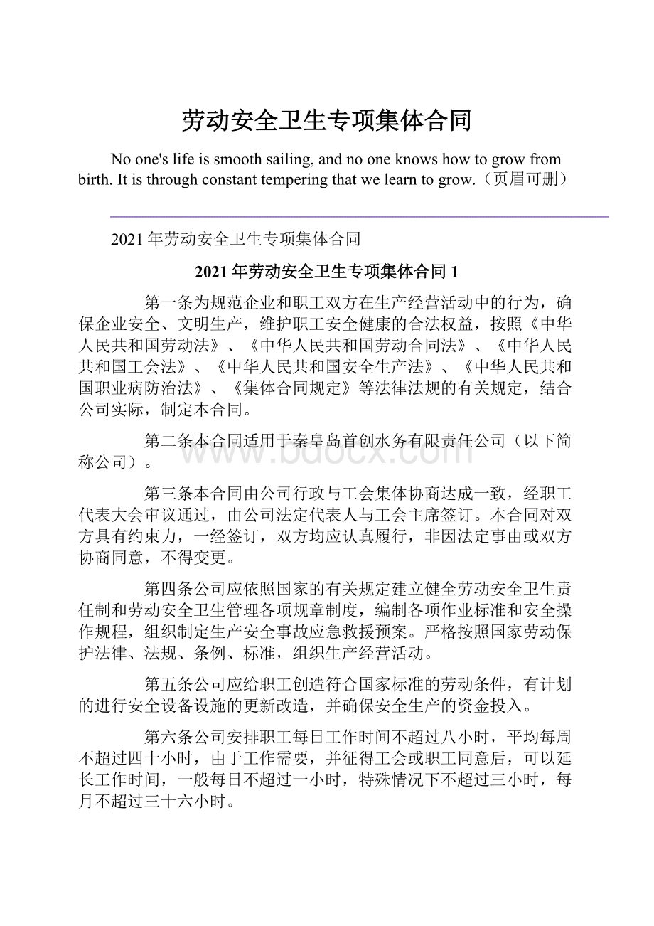 劳动安全卫生专项集体合同Word格式.docx_第1页