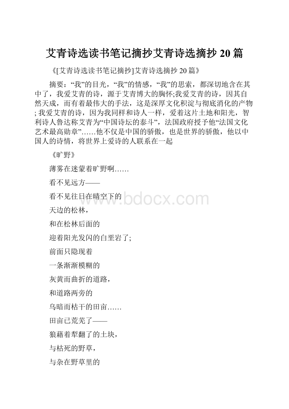 艾青诗选读书笔记摘抄艾青诗选摘抄20篇.docx