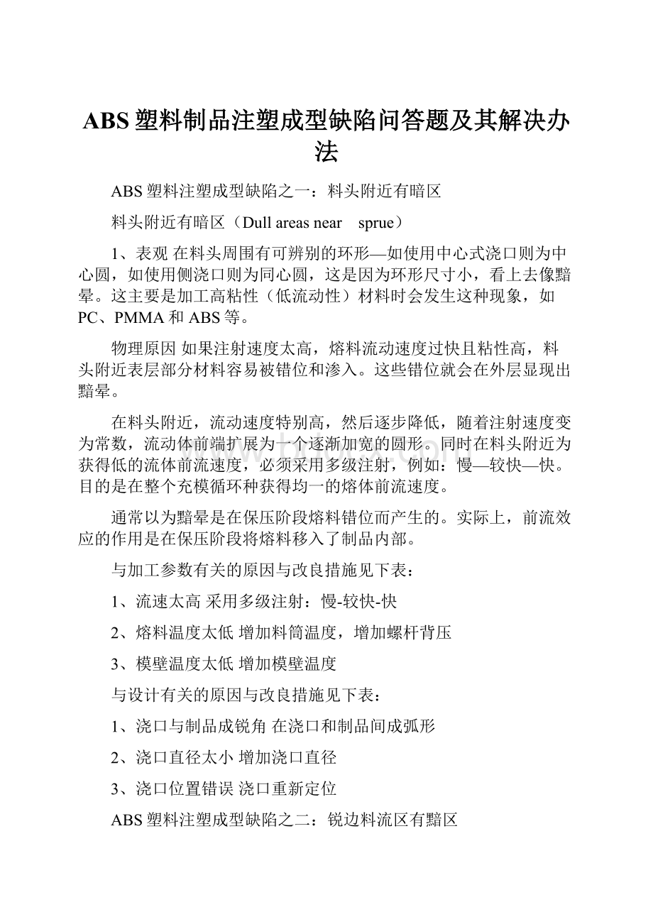 ABS塑料制品注塑成型缺陷问答题及其解决办法Word格式文档下载.docx_第1页