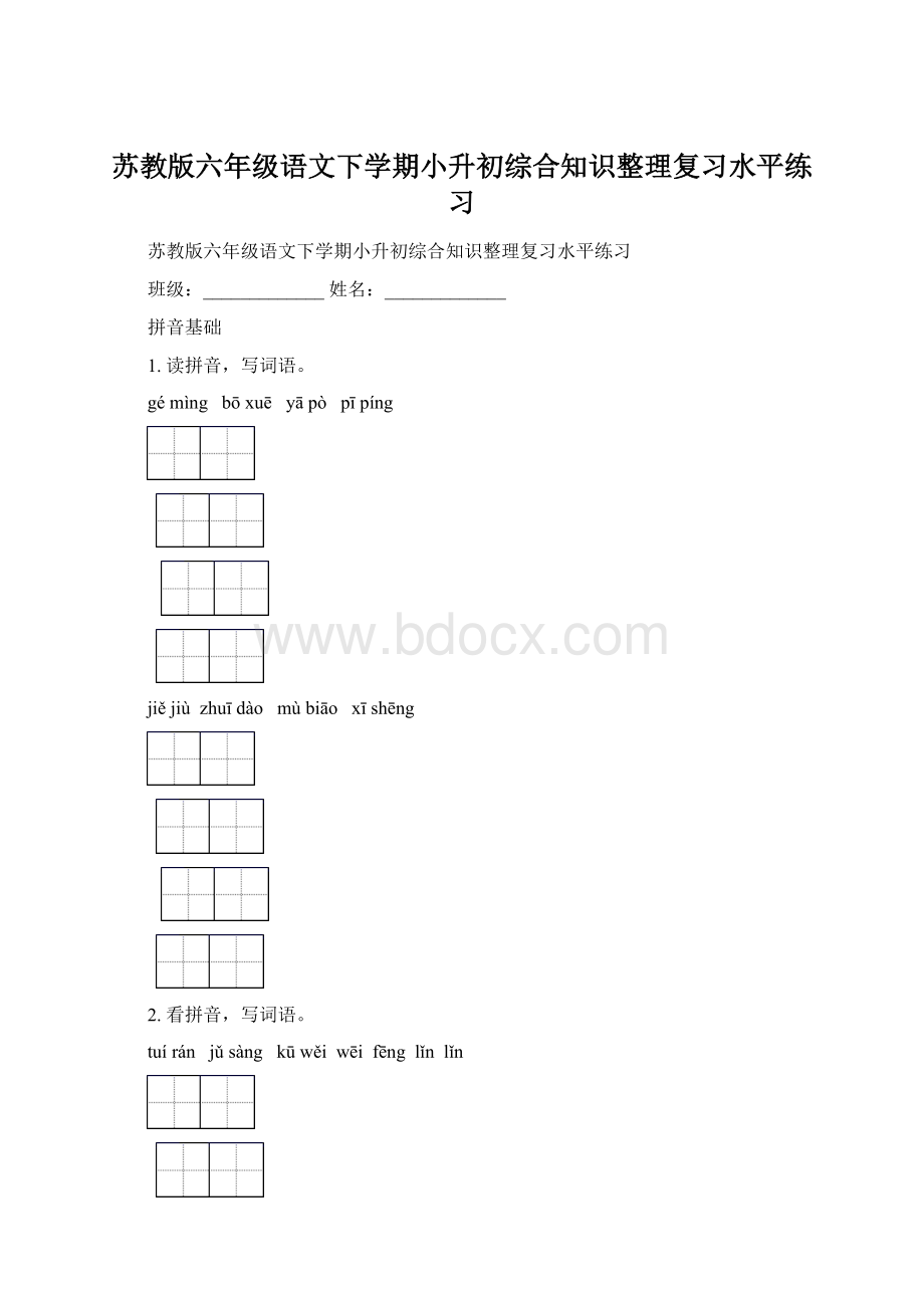 苏教版六年级语文下学期小升初综合知识整理复习水平练习.docx