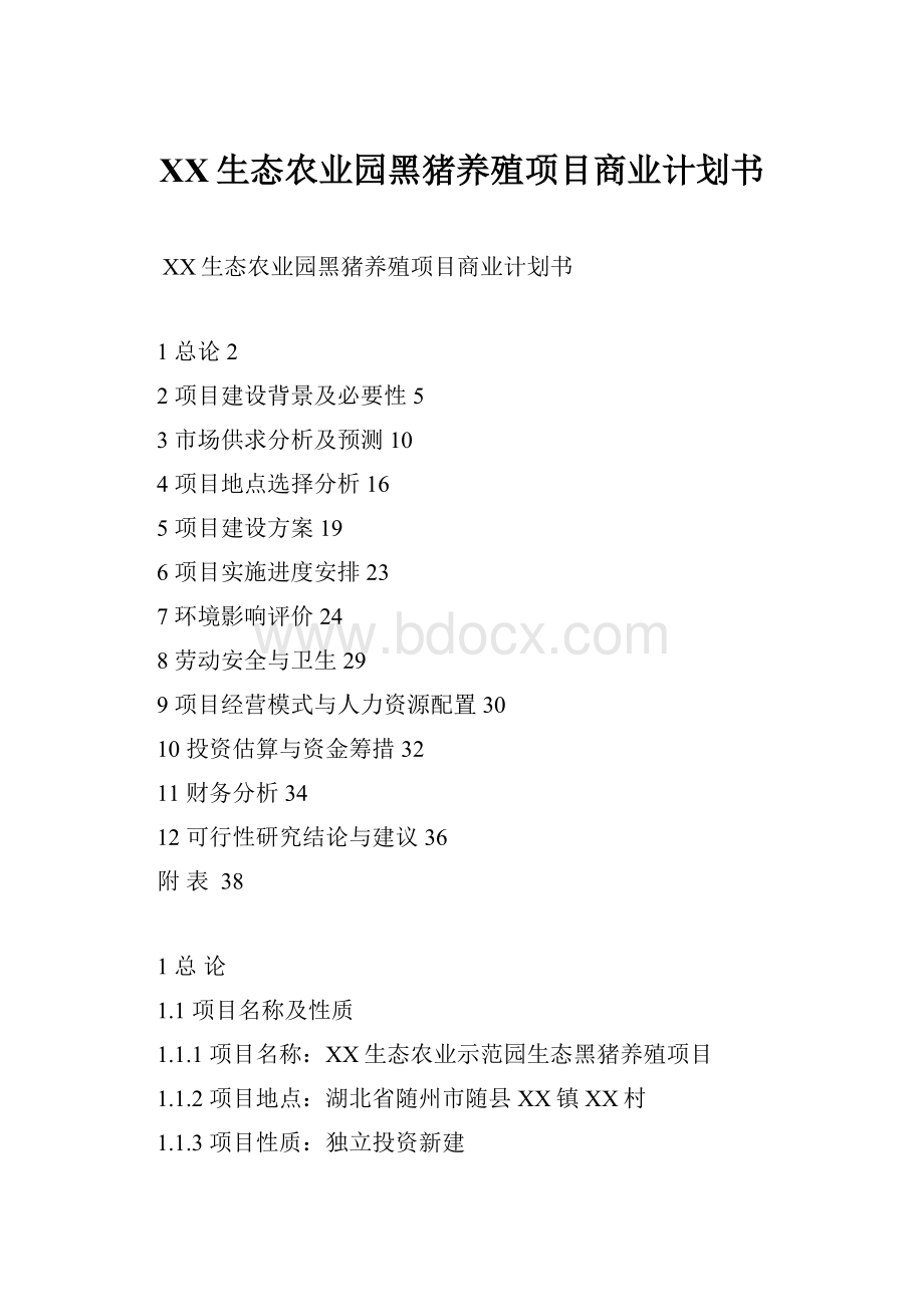 XX生态农业园黑猪养殖项目商业计划书Word文档格式.docx