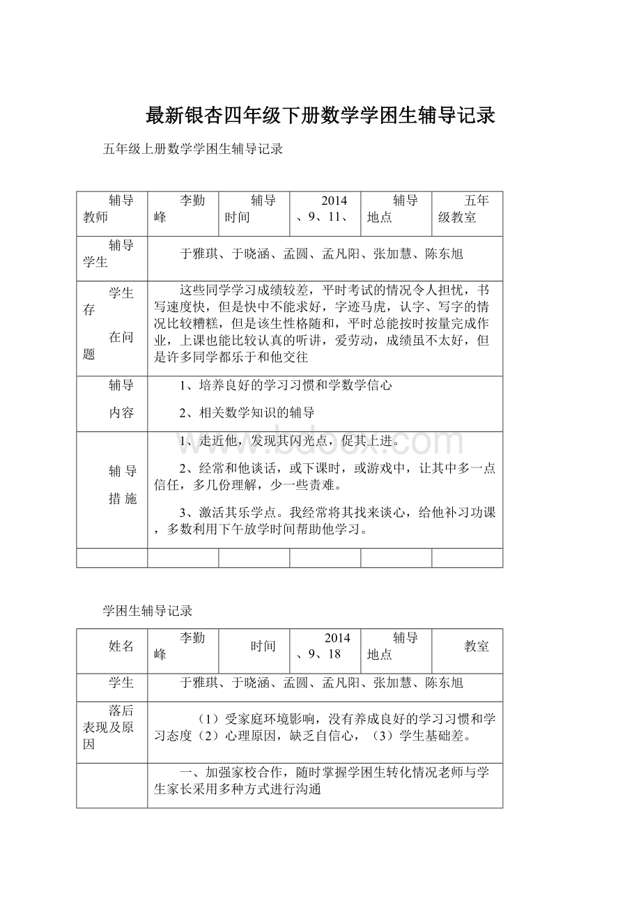 最新银杏四年级下册数学学困生辅导记录.docx_第1页