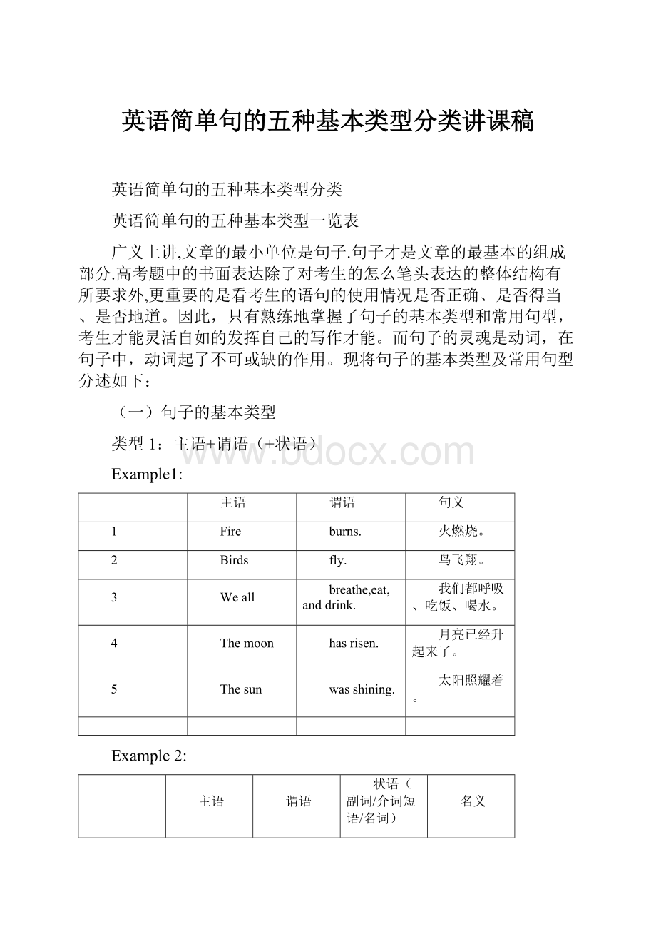 英语简单句的五种基本类型分类讲课稿.docx_第1页