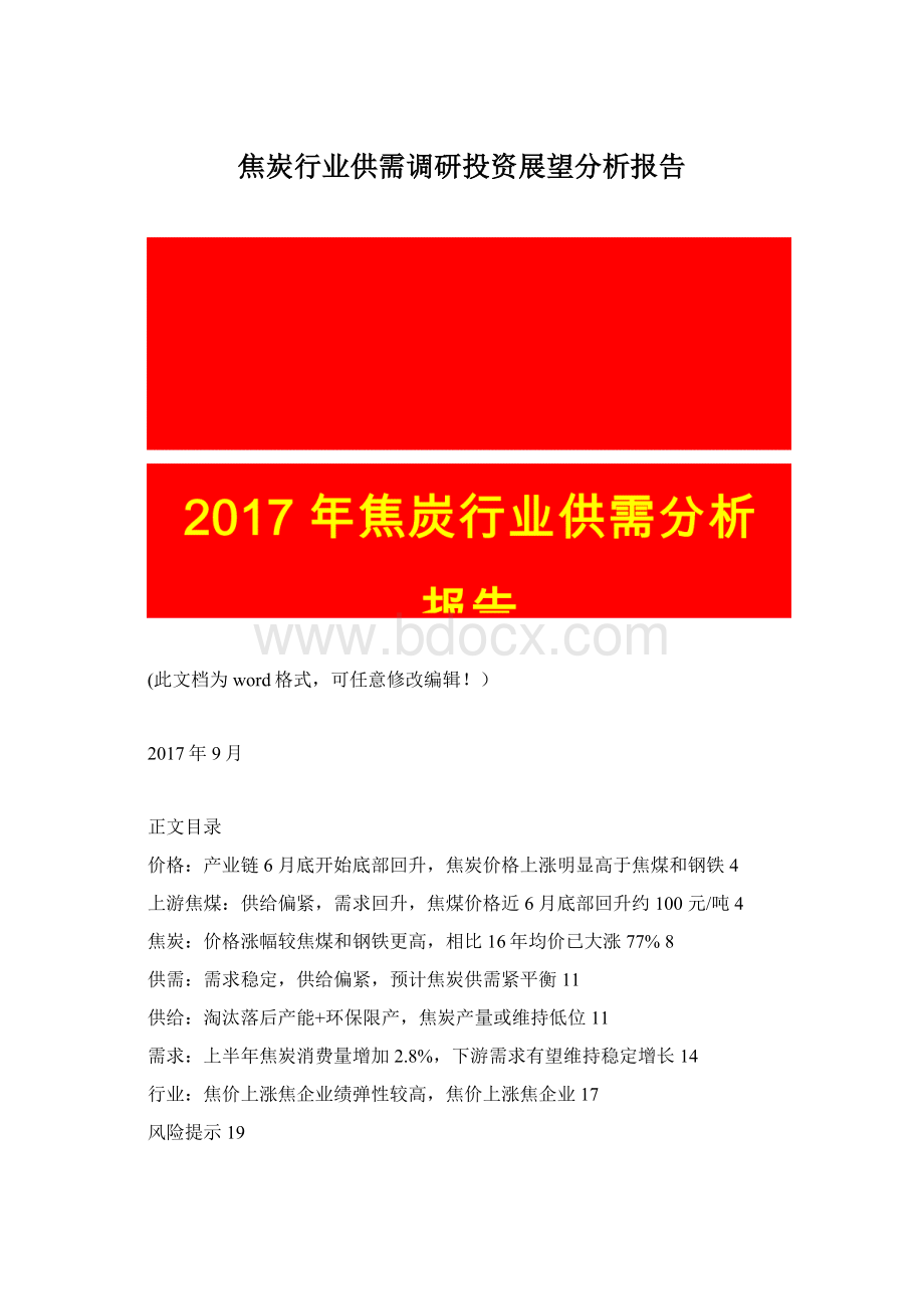 焦炭行业供需调研投资展望分析报告Word格式.docx