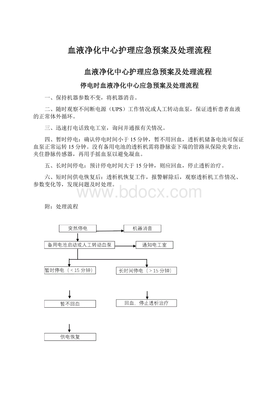 血液净化中心护理应急预案及处理流程文档格式.docx