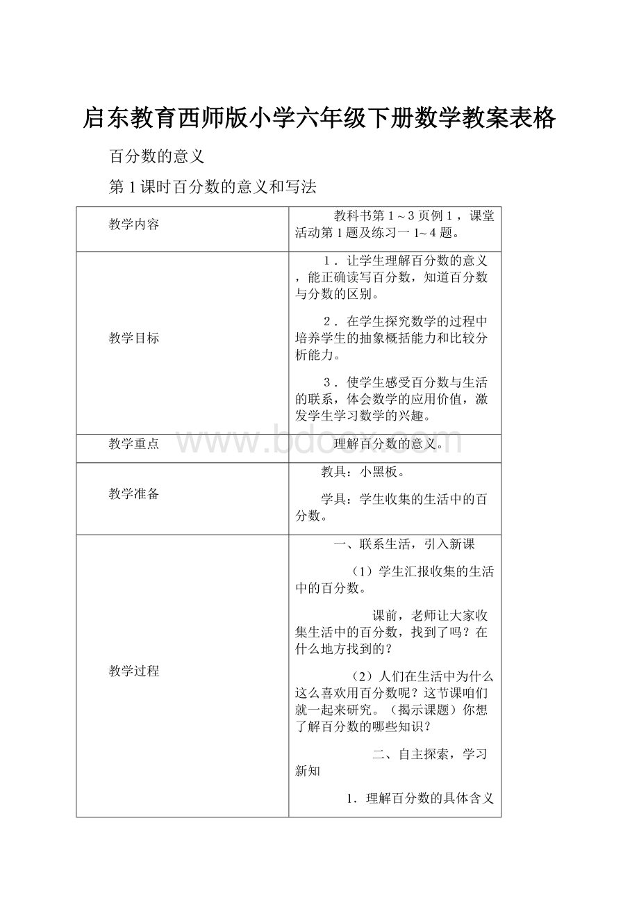 启东教育西师版小学六年级下册数学教案表格.docx_第1页