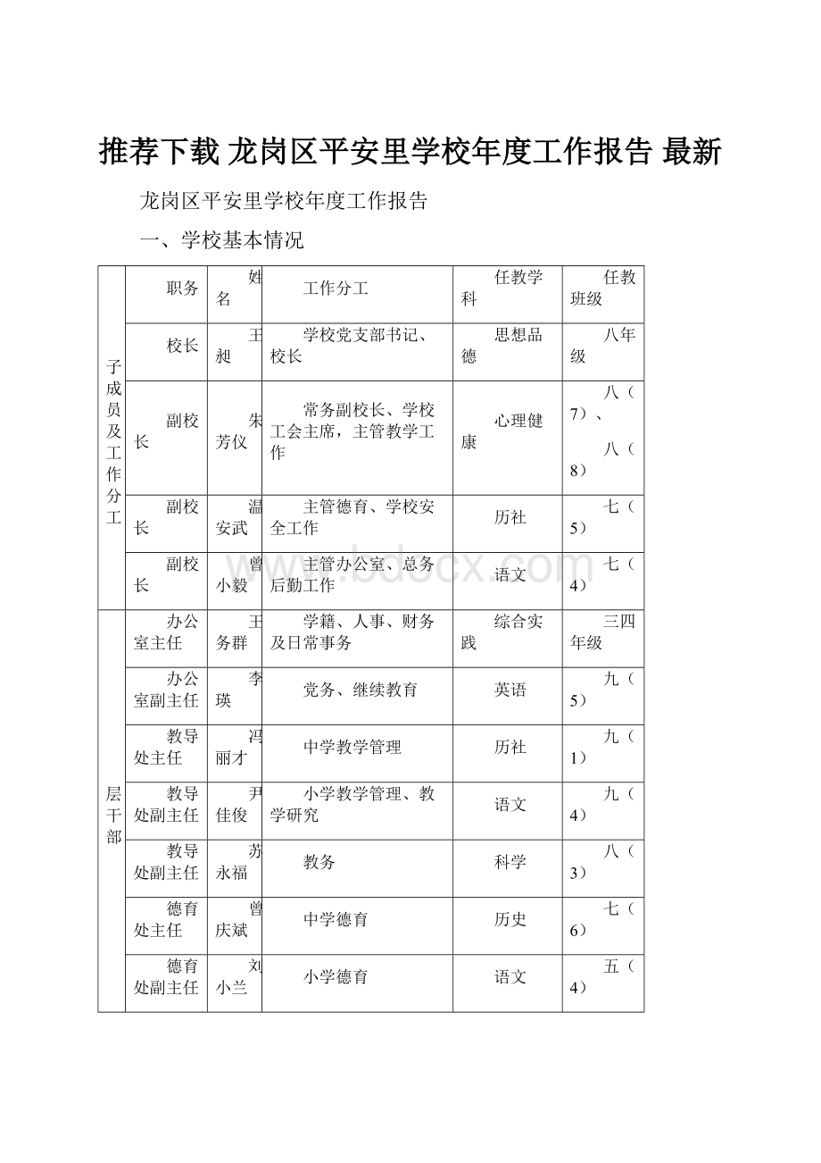 推荐下载 龙岗区平安里学校年度工作报告最新.docx_第1页