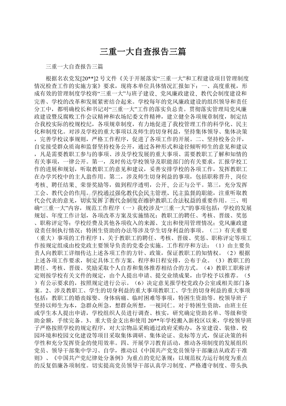 三重一大自查报告三篇Word格式文档下载.docx