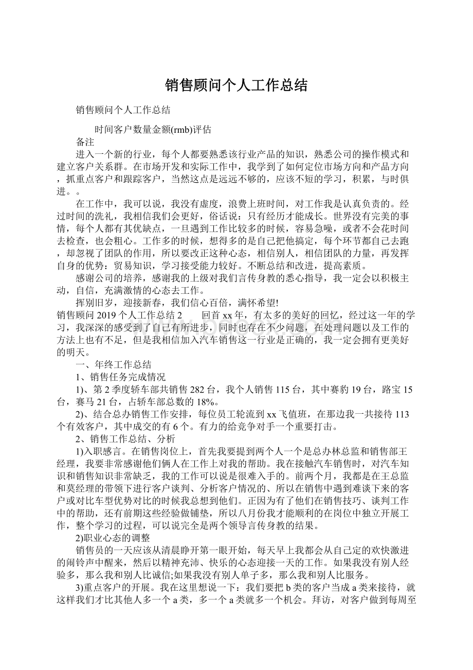 销售顾问个人工作总结Word下载.docx