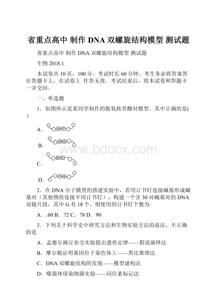 省重点高中 制作DNA双螺旋结构模型 测试题Word格式.docx