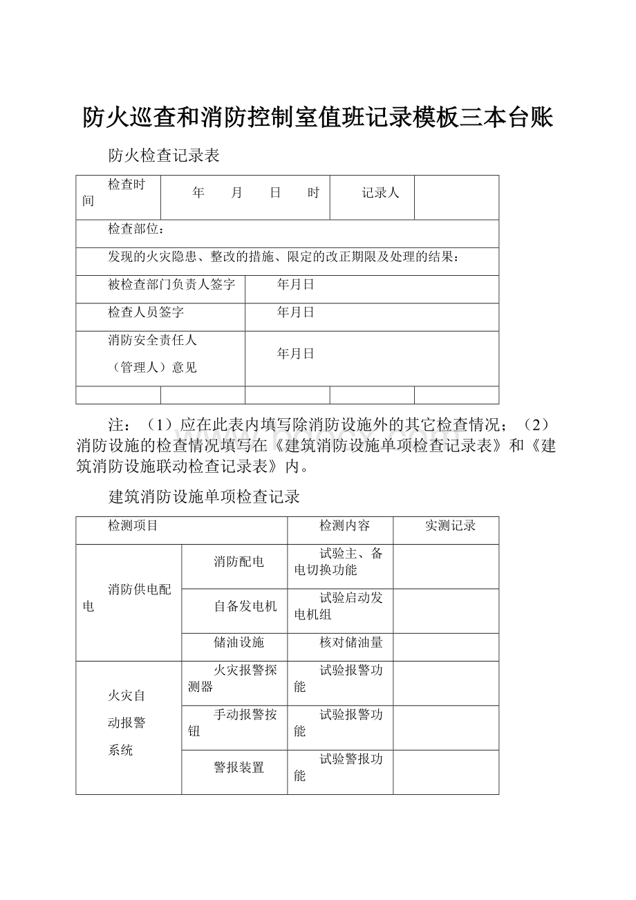 防火巡查和消防控制室值班记录模板三本台账.docx