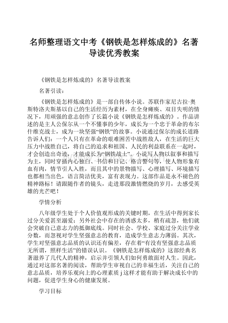 名师整理语文中考《钢铁是怎样炼成的》名著导读优秀教案.docx