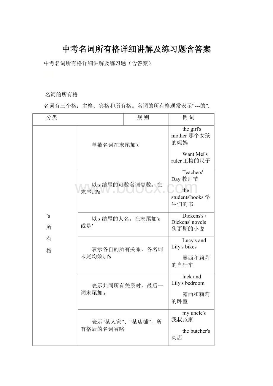 中考名词所有格详细讲解及练习题含答案.docx