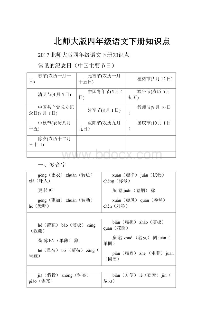 北师大版四年级语文下册知识点.docx_第1页