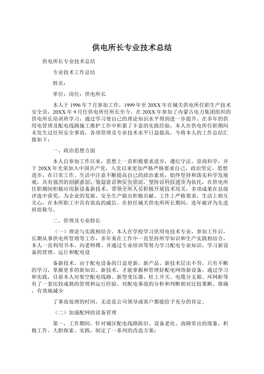 供电所长专业技术总结Word文档下载推荐.docx