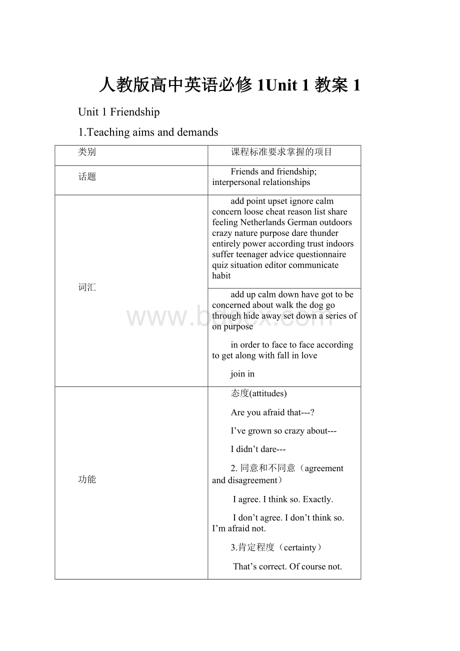 人教版高中英语必修1Unit 1 教案 1Word文件下载.docx_第1页