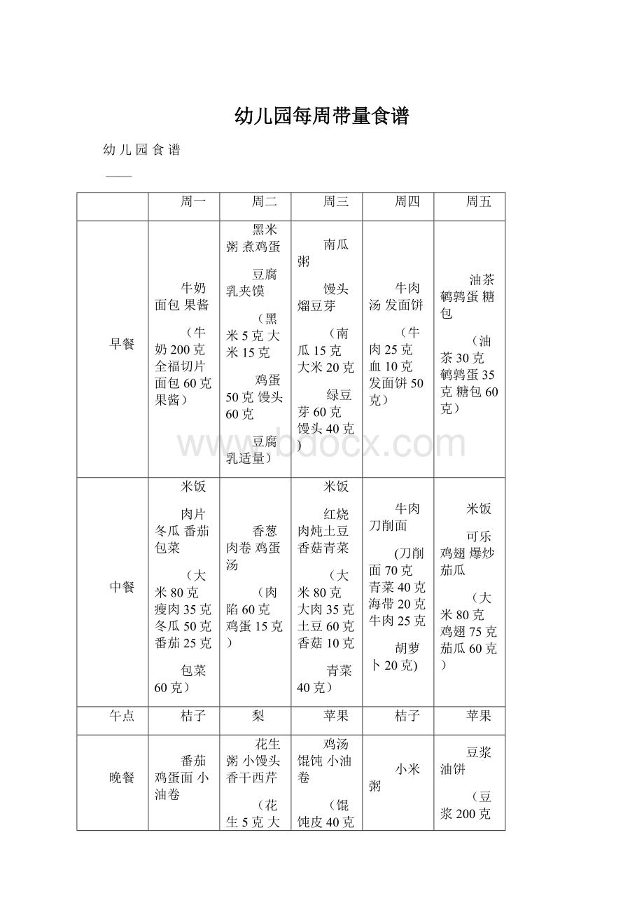 幼儿园每周带量食谱文档格式.docx