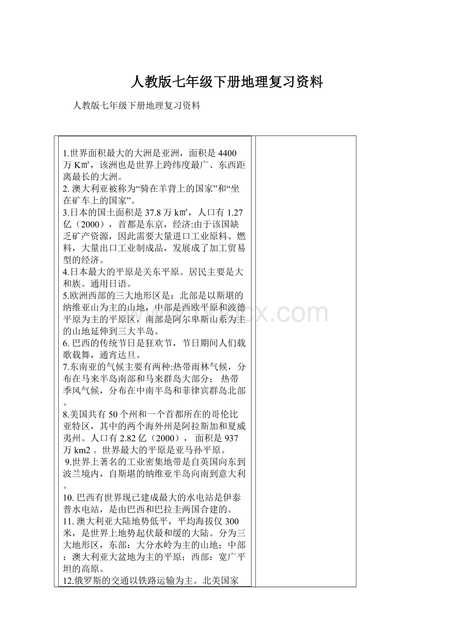 人教版七年级下册地理复习资料Word格式.docx