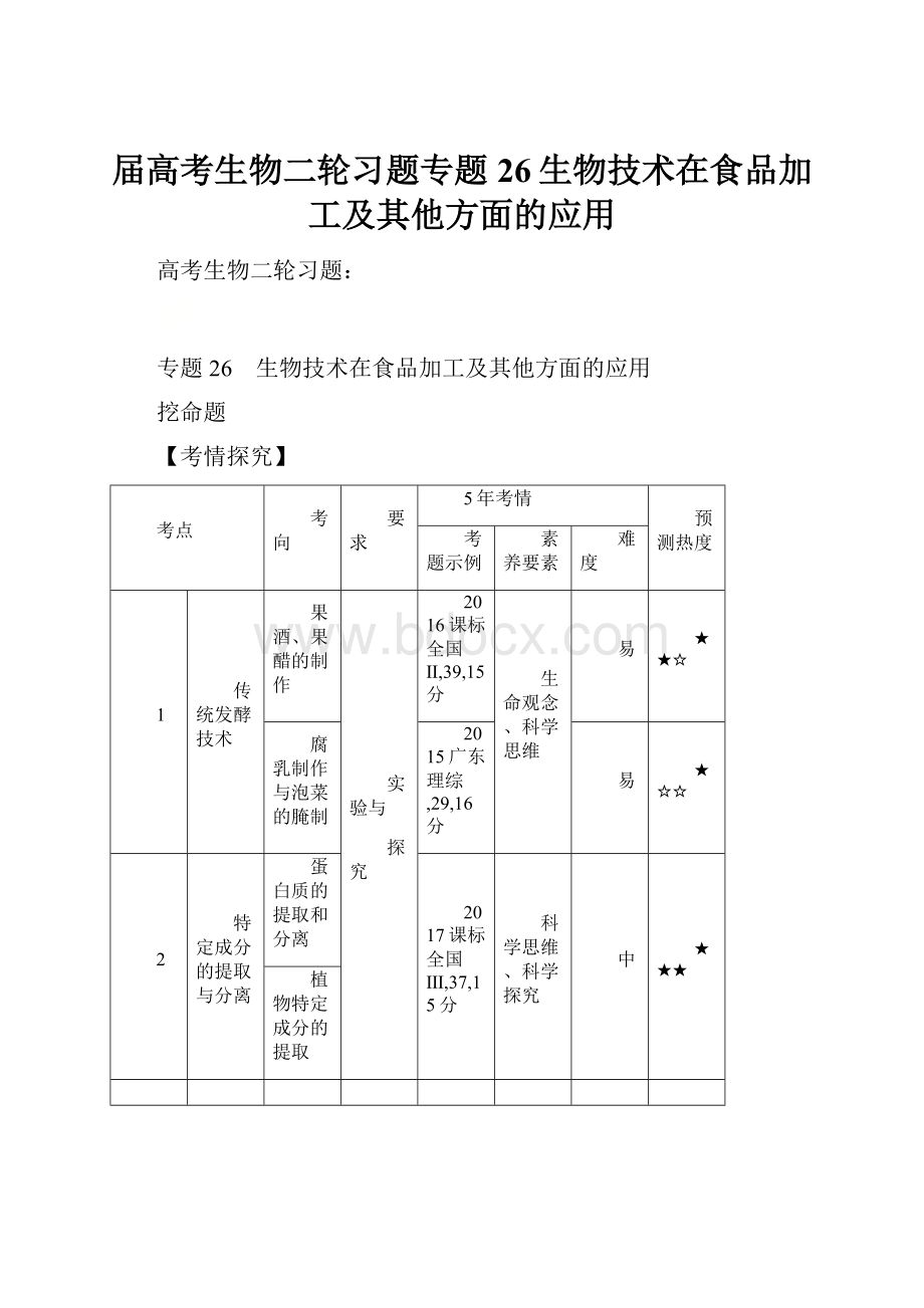 届高考生物二轮习题专题26生物技术在食品加工及其他方面的应用.docx_第1页