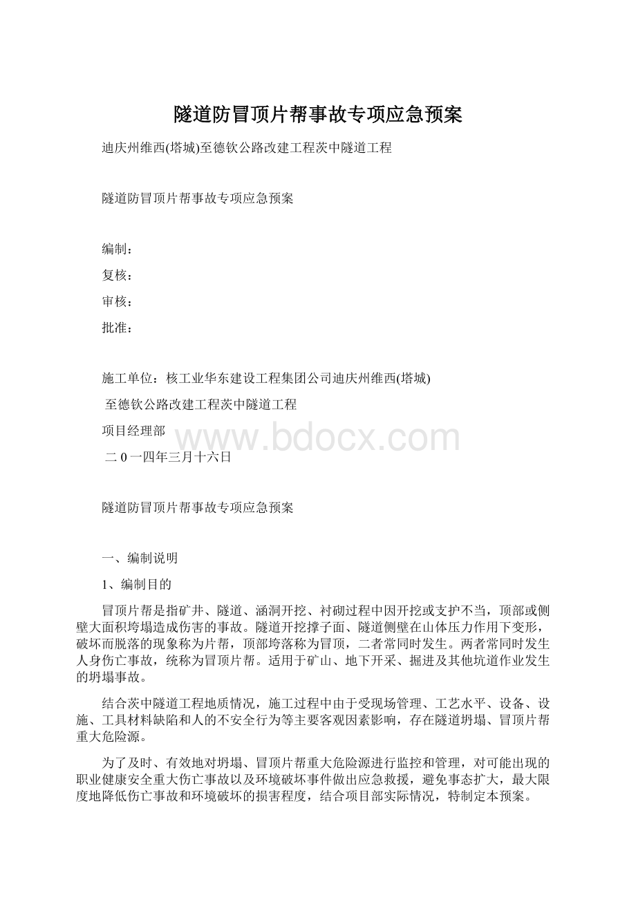 隧道防冒顶片帮事故专项应急预案.docx