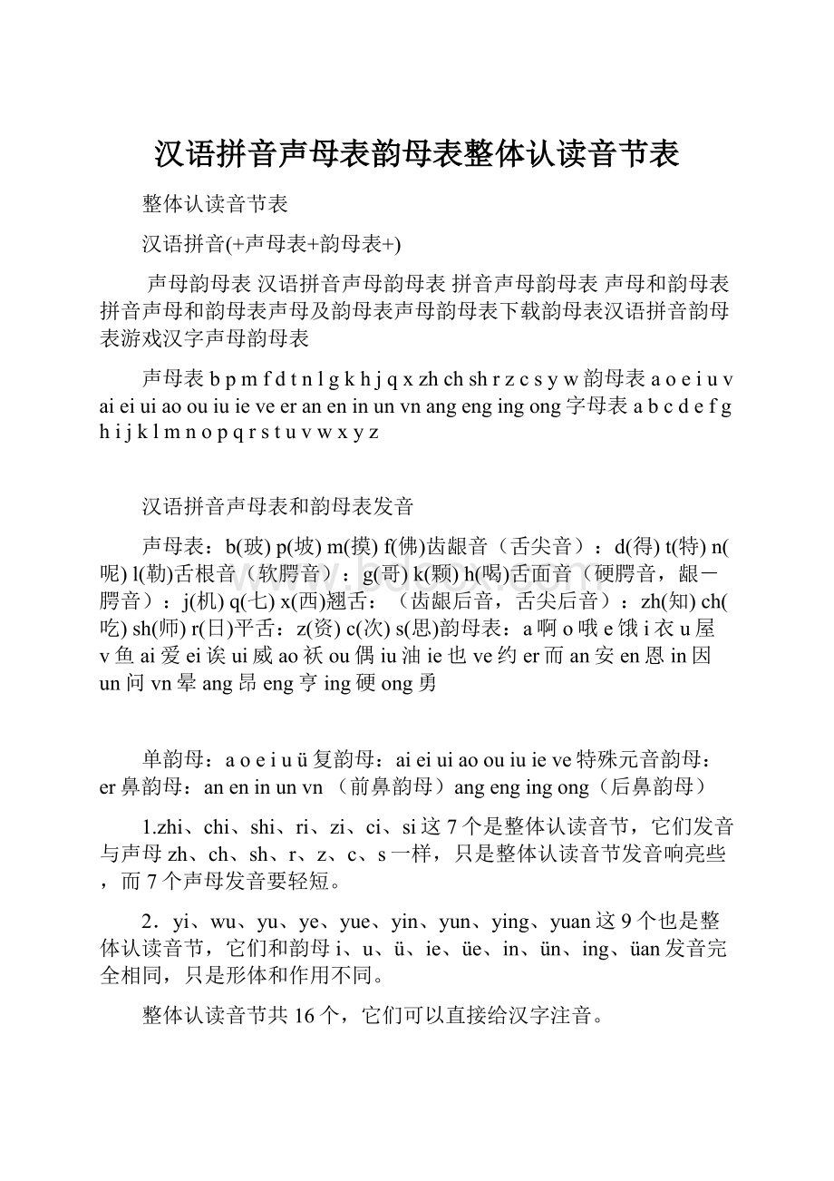 汉语拼音声母表韵母表整体认读音节表Word格式.docx_第1页