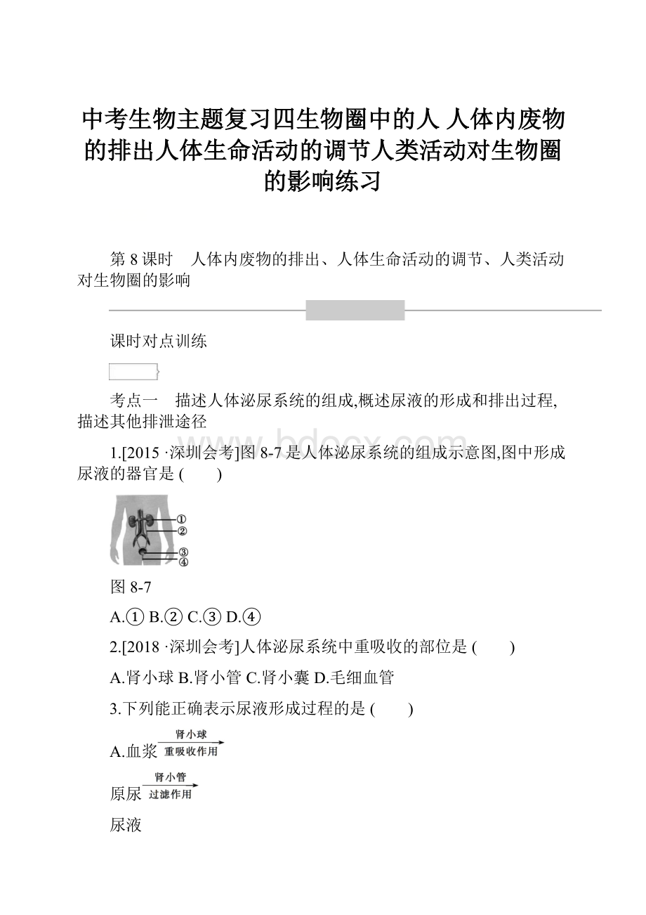 中考生物主题复习四生物圈中的人 人体内废物的排出人体生命活动的调节人类活动对生物圈的影响练习.docx