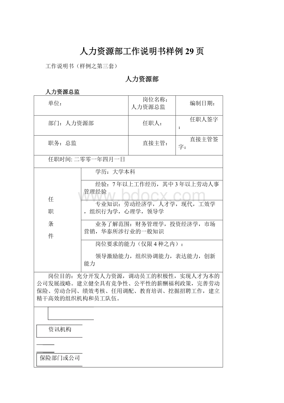 人力资源部工作说明书样例29页Word文件下载.docx_第1页