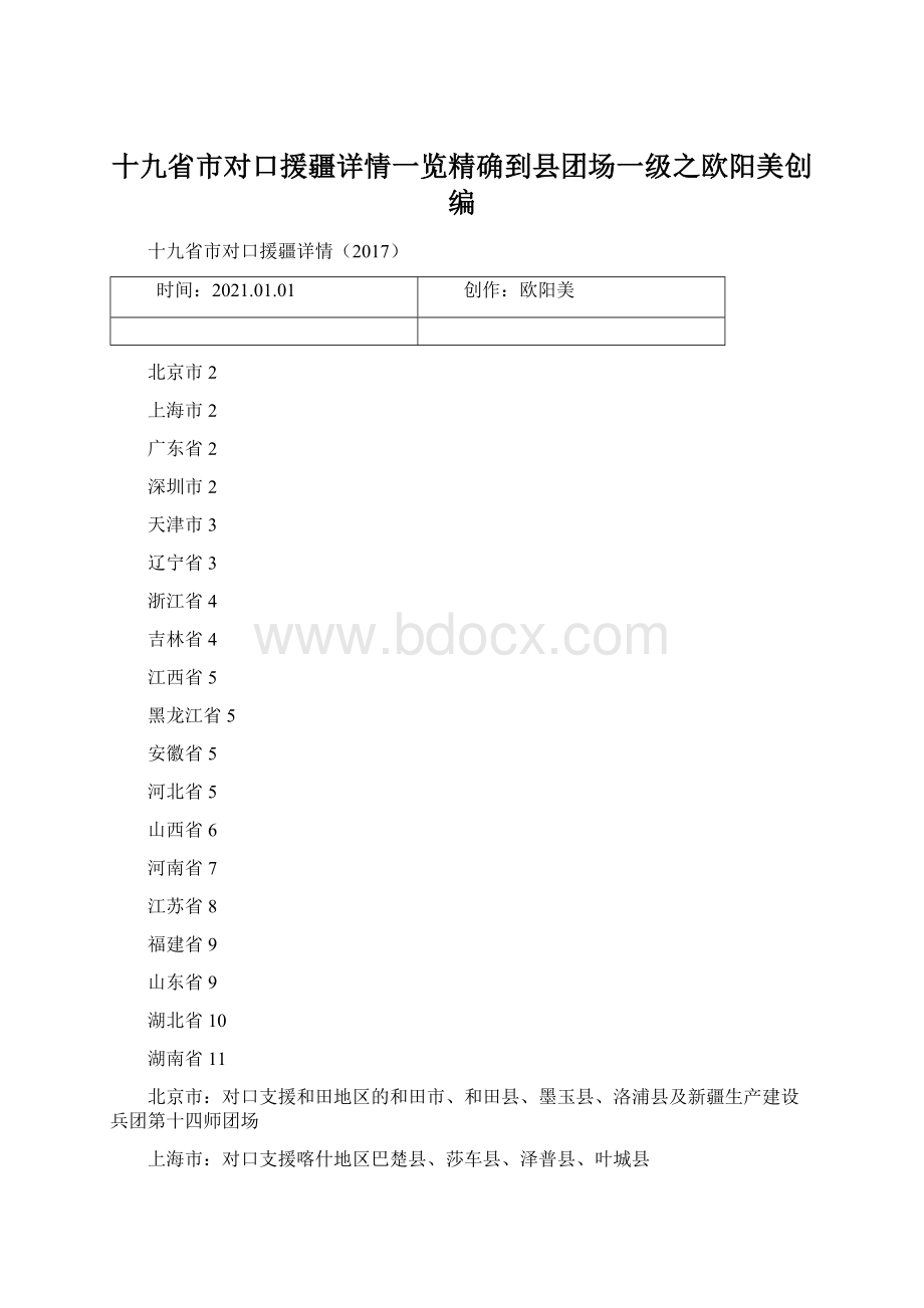 十九省市对口援疆详情一览精确到县团场一级之欧阳美创编文档格式.docx_第1页