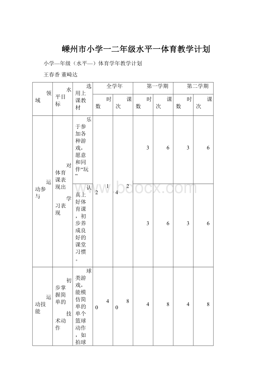 嵊州市小学一二年级水平一体育教学计划.docx_第1页