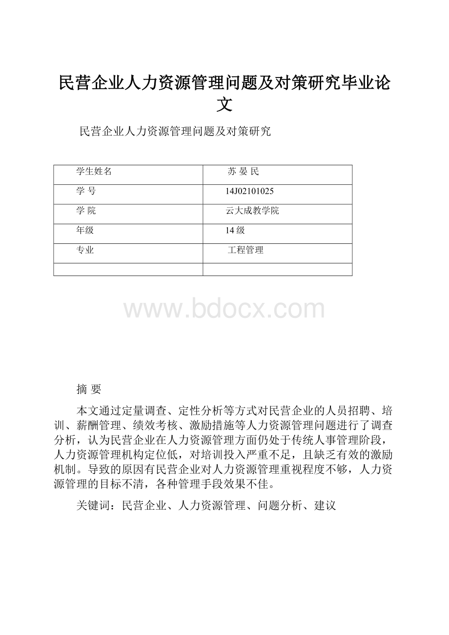 民营企业人力资源管理问题及对策研究毕业论文Word文档格式.docx