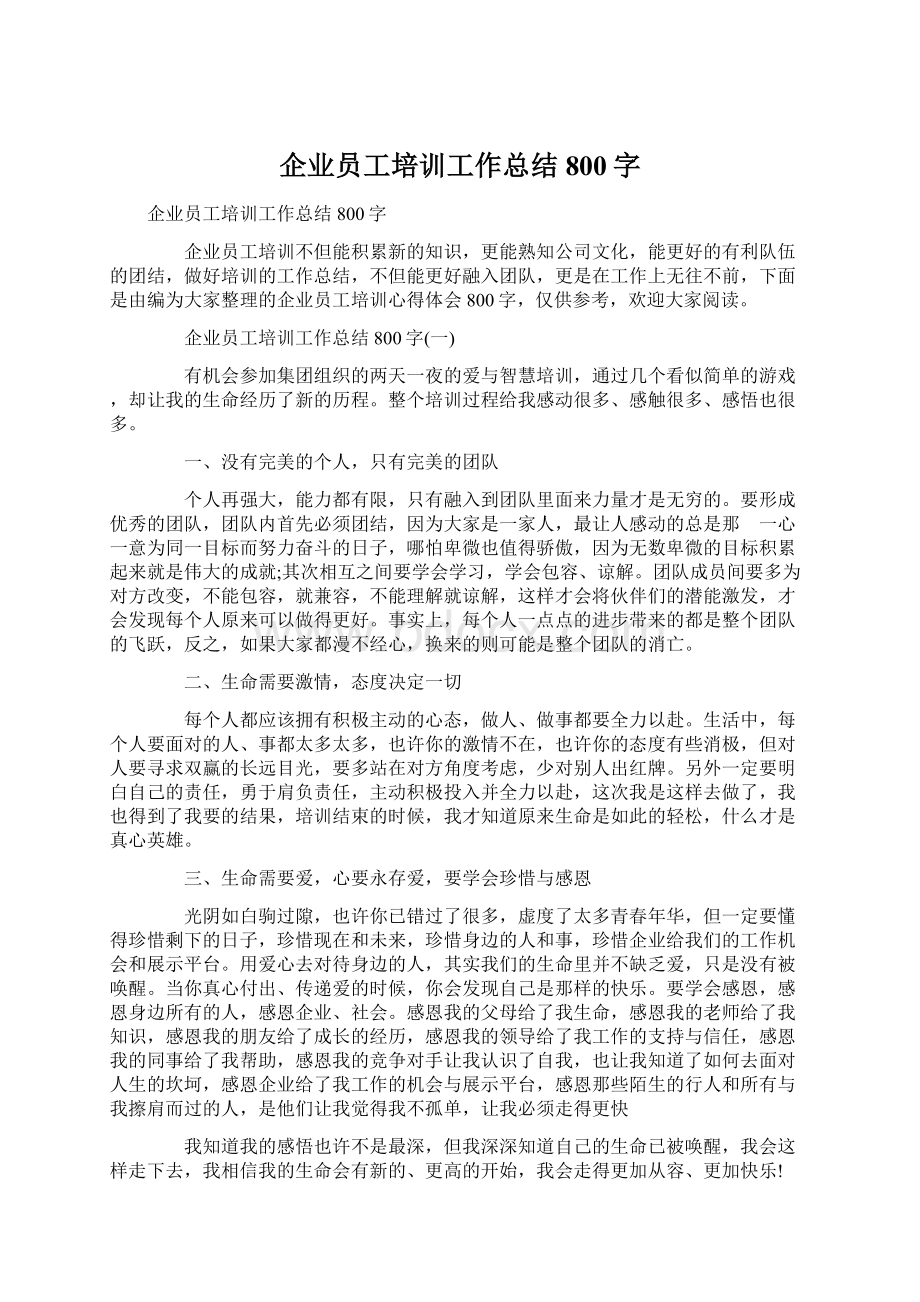 企业员工培训工作总结800字Word格式.docx