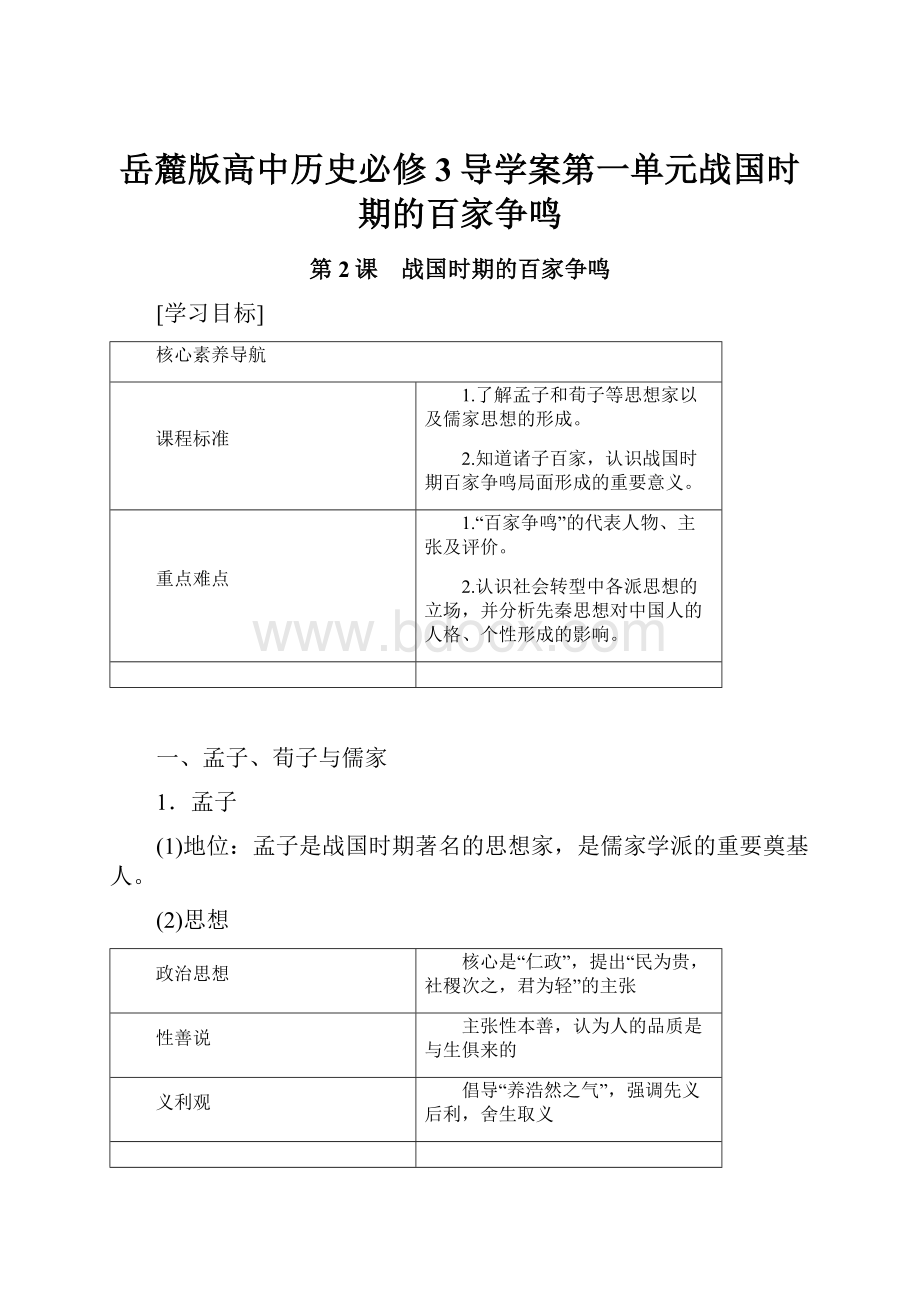 岳麓版高中历史必修3导学案第一单元战国时期的百家争鸣.docx_第1页