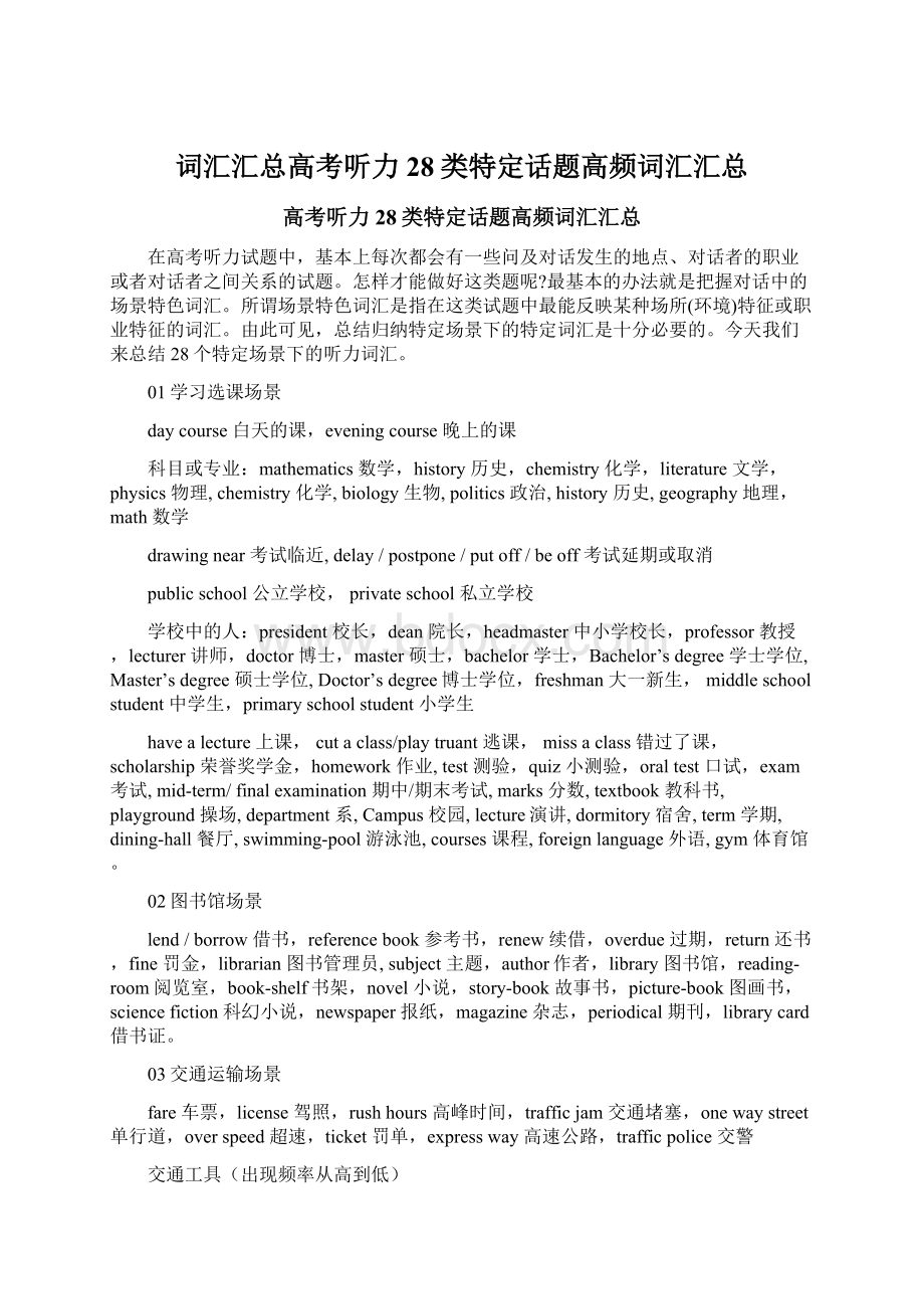 词汇汇总高考听力28类特定话题高频词汇汇总文档格式.docx