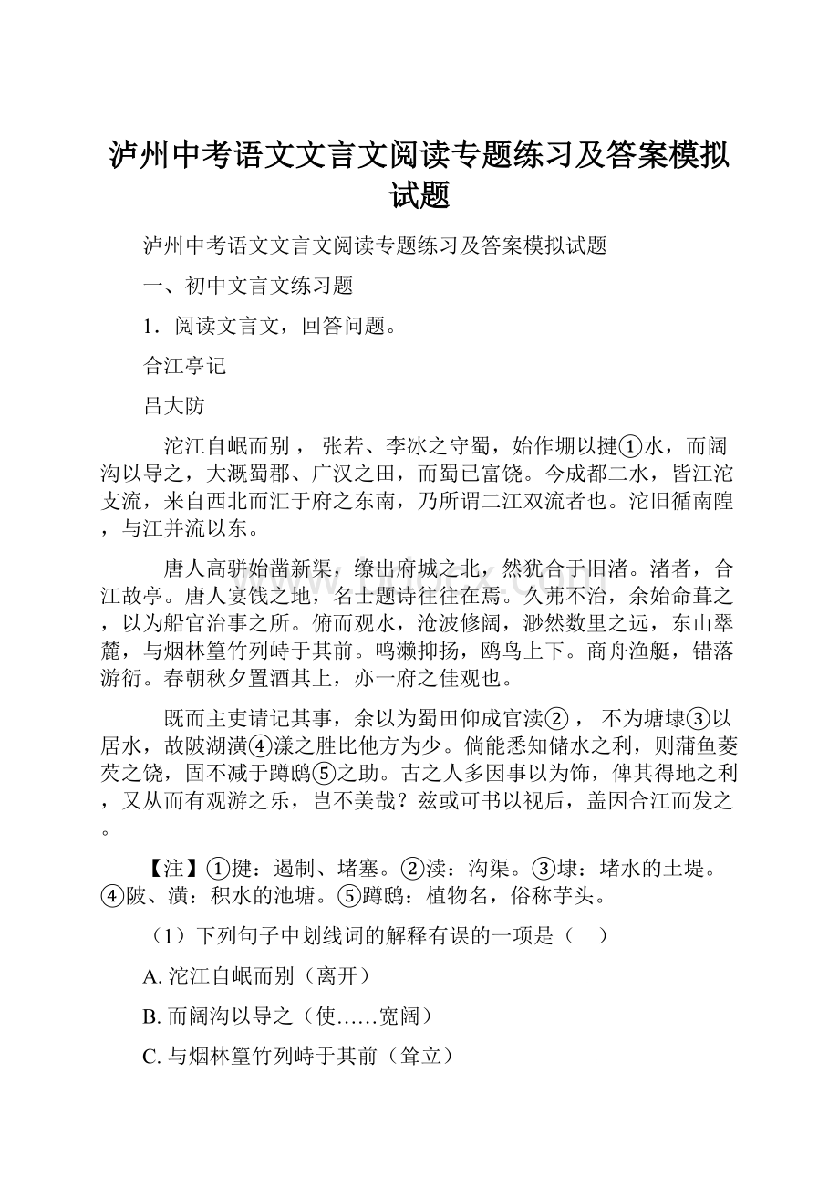 泸州中考语文文言文阅读专题练习及答案模拟试题文档格式.docx_第1页