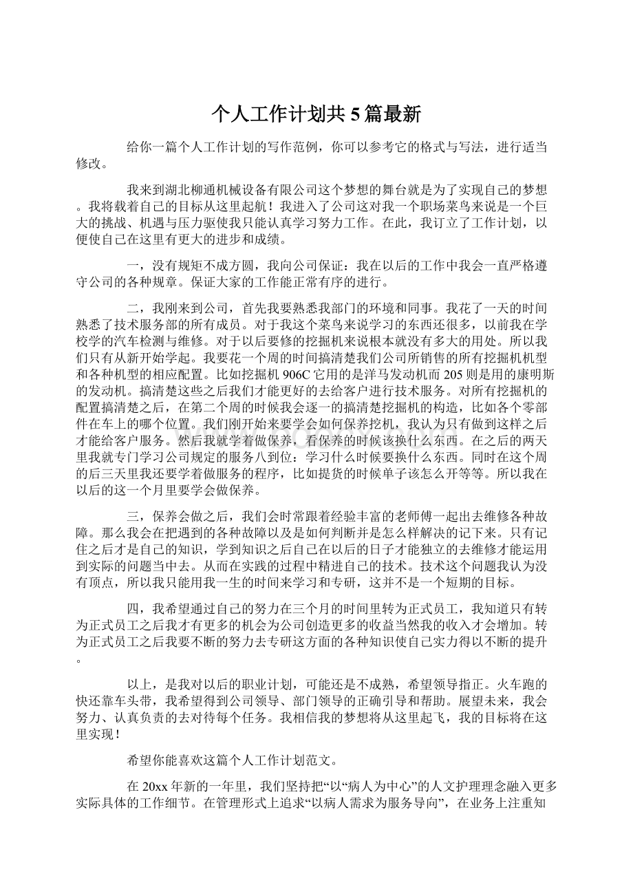 个人工作计划共5篇最新Word文档格式.docx