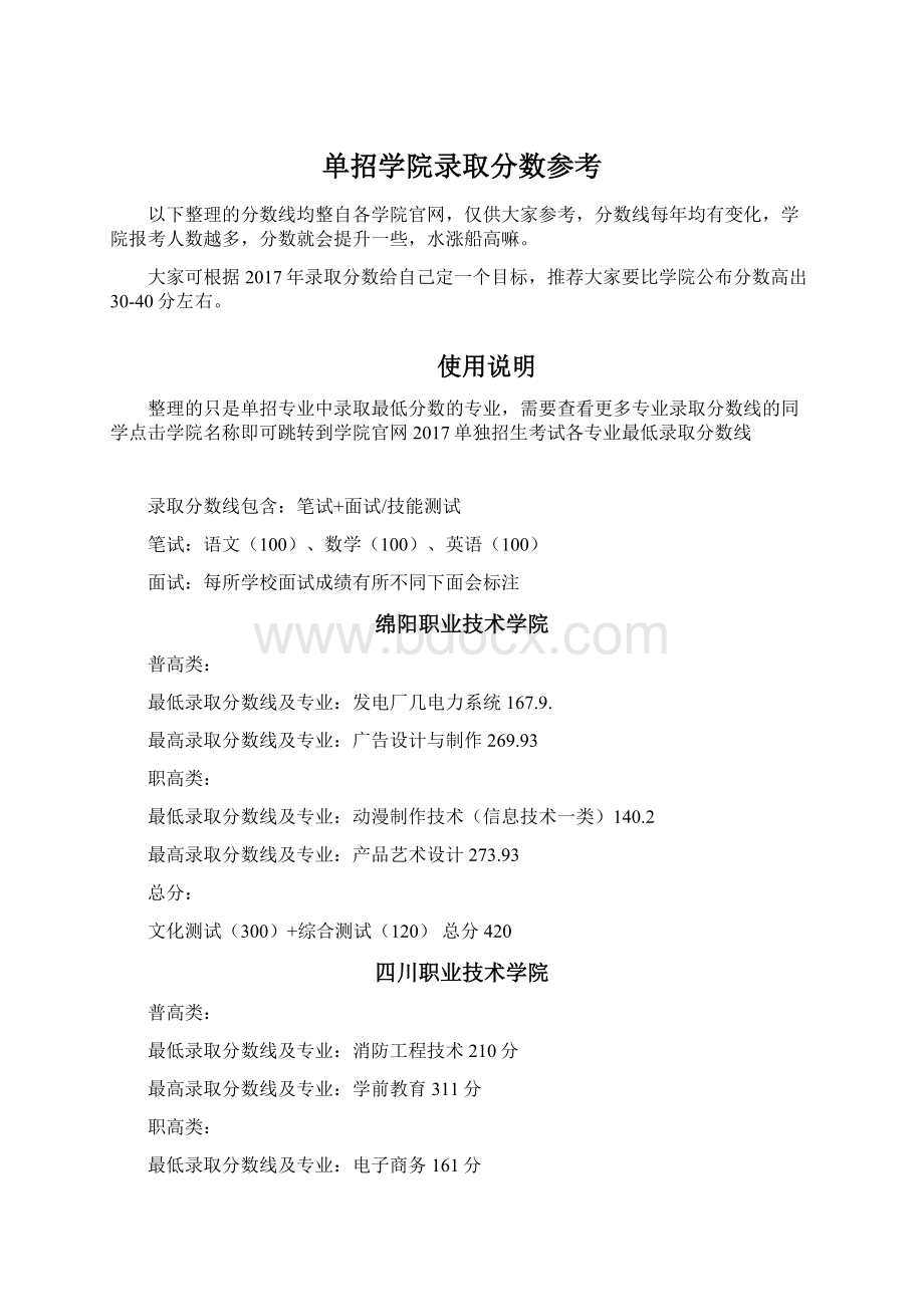 单招学院录取分数参考Word格式文档下载.docx