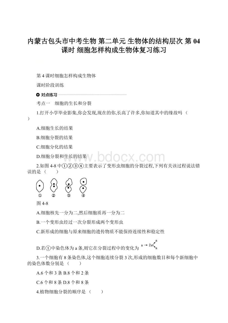 内蒙古包头市中考生物 第二单元 生物体的结构层次 第04课时 细胞怎样构成生物体复习练习.docx_第1页