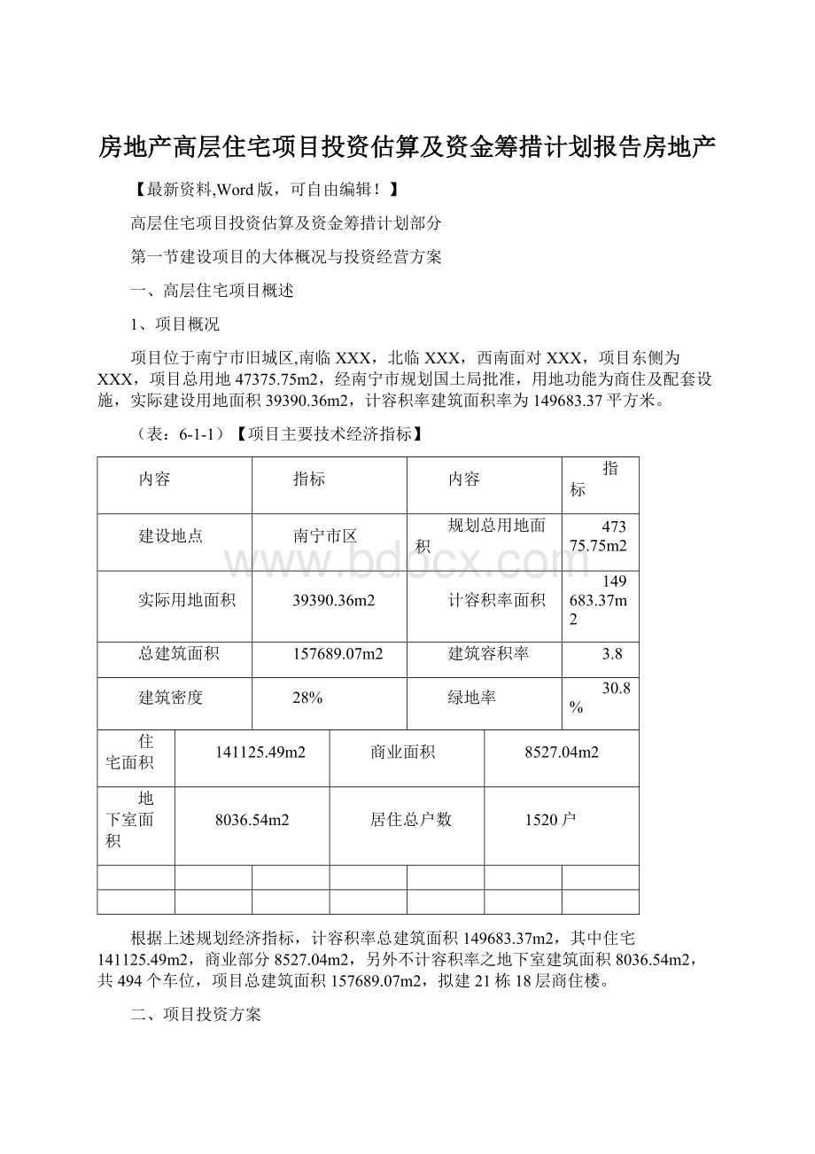 房地产高层住宅项目投资估算及资金筹措计划报告房地产.docx_第1页