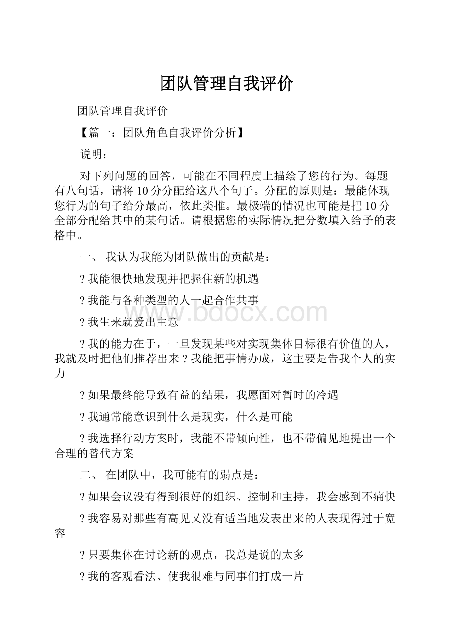 团队管理自我评价文档格式.docx