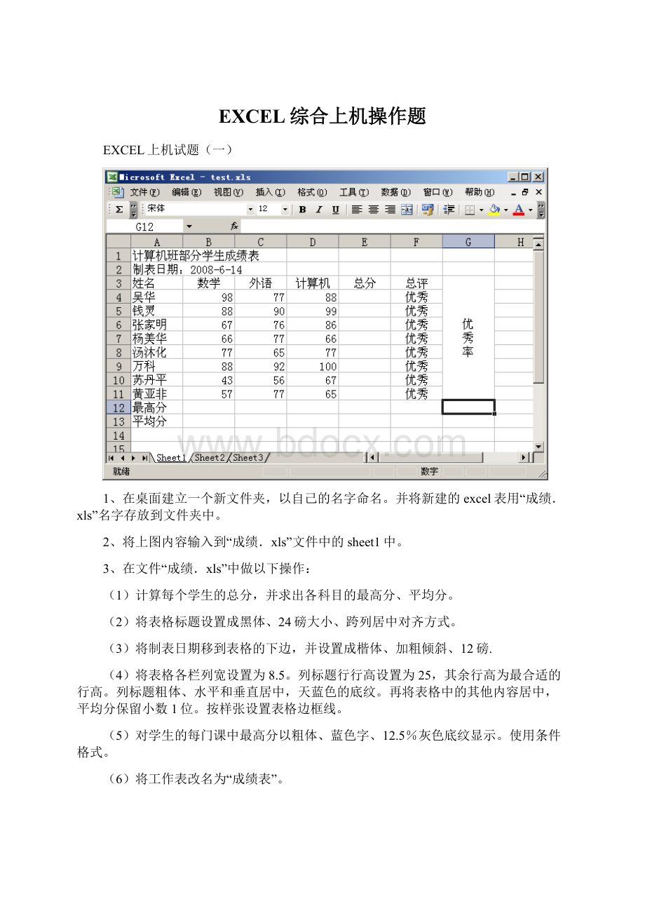 EXCEL综合上机操作题.docx