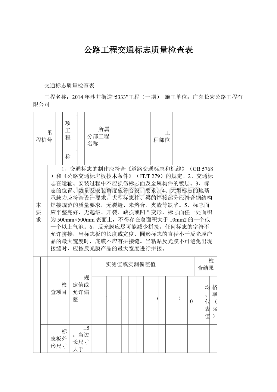 公路工程交通标志质量检查表Word格式文档下载.docx