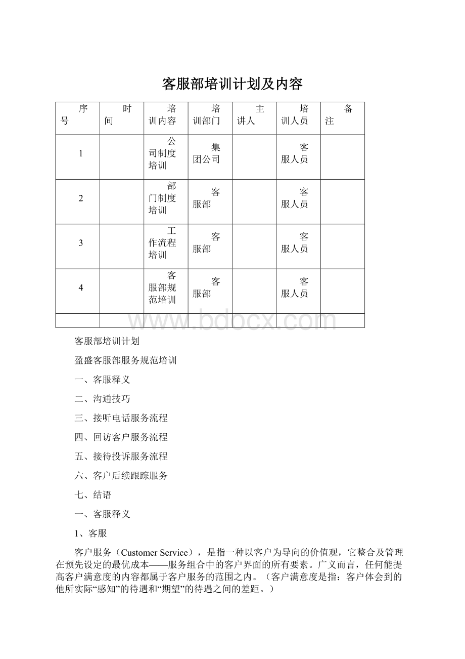 客服部培训计划及内容Word文档下载推荐.docx