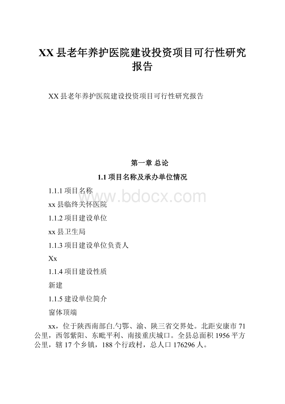 XX县老年养护医院建设投资项目可行性研究报告.docx_第1页